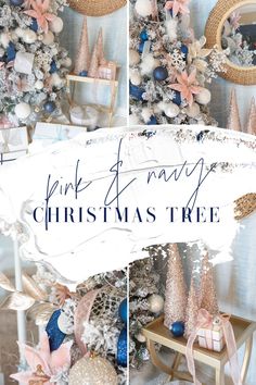 pink and navy christmas tree collage with text overlay that reads pink and navy christmas tree