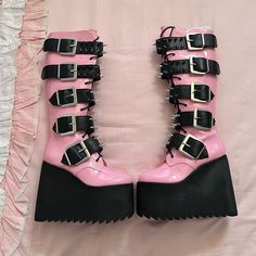 Dolls Kill Widow Pink And Black Spiked Platform Boots Brand New, Never Been Worn Black And Pink Platform Boots, Pink And Black Boots, Emo Boots, Pink Platform Boots, Pink Emo, Pinterest Wardrobe, Pink Goth, Dolls Kill Shoes, Rave Babe