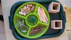 a green tray filled with lots of different types of items on top of a table