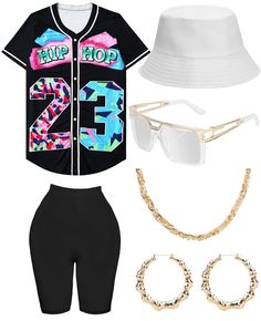 PRICES MAY VARY. 【80s 90s Neon Costumes & Accessories Set】Includs 6 accessories, baseball jersey shirt x1, yoga pants x1, bucket hat x1, artificial gold rope chain x1, hip hop glasses x1, 1 pair of earrings. This complete outfit and accessory set is perfect for any 80s 90s-themed party, allowing you to stand out and express your hiphop style. 【Bright Colored Accessories】Bright and colorful colors make you stand out at parties in the 80s 90s. Baseball jersey shirt, short sleeve yoga pants, and mo Casual Baseball Jersey For Streetwear And Baseball Season, White Baseball Jersey For Summer Streetwear, White Baseball Jersey For College Summer, White College Baseball Jersey For Summer, White Baseball Jersey For College In Summer, Casual Baseball Jersey With Graphic Print For Streetwear, Casual Black Baseball Jersey For Summer, Baseball Collar Tops For Summer Streetwear, Summer Streetwear Tops With Baseball Collar