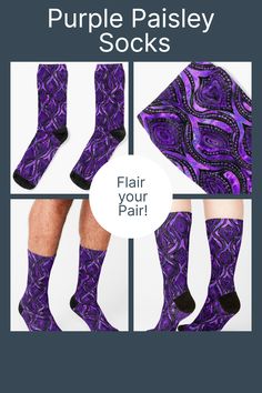 Step into a world of color and pattern with our Purple Paisley Socks! These stylish socks are the perfect blend of bold and trendy, featuring a gorgeous paisley design that will make you stand out from the crowd. Whether you're dressing up for a special occasion or looking to add a pop of color to your everyday look, these purple paisley socks are the must-have accessory. Flair your pair today! Stylish Socks, World Of Color