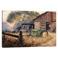 a painting of an old farm scene with a tractor parked in front of a barn