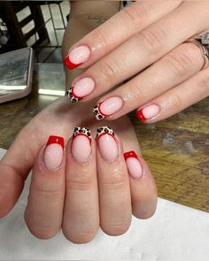 2024 French Tip Nails, Red Nails With Leopard Print, Leopard Print And Red Nails, Leopard Print French Tip Nails, Leopard And Red Nails, Leopard Almond Nails, Red French Tip Nails With Design, Red And Leopard Print Nails, Red And Cheetah Nails