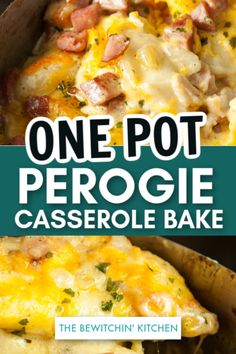 one pot perogie casserole bake with text overlay