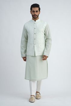 Light mint chanderi bundi jacket with floral and thread hand embroidery. Comes with off-white pant and a kurta. - Aza Fashions Off White Pants, White Pant, Kurta Set For Men, Fashion App, Kurta Set, White Pants, Aza Fashion, Hand Embroidered, Hand Embroidery