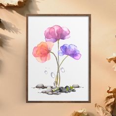 three flowers in watercolor on white paper next to rocks and dried flowers with leaves