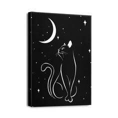 a black and white cat sitting on top of a night sky with the moon in the background