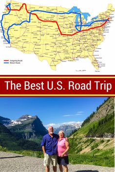 the best u s road trip is in this postcard with an image of a man and woman standing next to each other