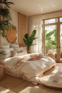 a large bed sitting in a bedroom next to a window with lots of plants on it