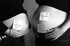 two pregnant women holding their stomachs with sticky notes on them that read due september 2011