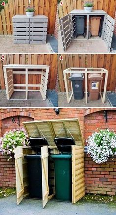 Hidden Outdoor Trash Can, Garbage Shed Diy, Diy Trash Can Storage Outdoor Pallets, Trash Can Cover Outdoor Diy, Pallet Trash Can Cover, Conceal Trash Cans Outside, Pallet Garbage Can Storage Outdoor, Bin Covers Wheelie, Wheely Bin Storage Ideas