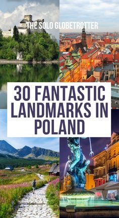 the cover of the book,'30 fantastic landmarks in poland'with pictures of buildings and