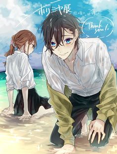 an anime character kneeling on the beach next to another character with blue eyes and brown hair