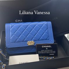 100% Authentic Chanel Lambskin Boy Woc Wallet On Chain Hardware Color Gold Bag Color Blue Condition Excellent Inclusions: Box,Dust Bag, Authenticate Card And Instructions Of Care No Stains No Signs Of Use Classic Blue Bag With Original Box, Luxury Blue Flap Bag With Gold-tone Hardware, Blue Flap Bag With Gold-tone Hardware For Evening, Luxury Blue Flap Bag For Travel, Blue Evening Flap Bag With Gold-tone Hardware, Classic Blue Shoulder Bag With Chain Strap, Formal Blue Bag With Chain Strap, Blue Luxury Flap Bag For Formal Occasions, Blue Rectangular Flap Bag For Formal Occasions