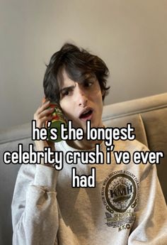 a person sitting on a couch talking on a cell phone with the caption he's the longest celebrity crush i've ever had