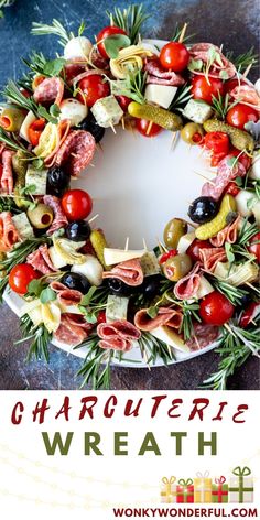 a wreath made out of different types of vegetables and meats on a white plate