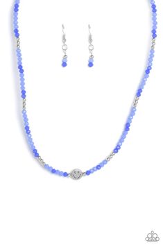 Strung along an invisible chain, a fashionable collection of beads in various shades of blue, combine with silver studs as they coalesce below the neckline. Meeting at the center of the blue design, a silver bead with a stamped smiley face finishes the design, creating a positive statement. Features an adjustable clasp closure.

 Sold as one individual necklace. Includes one pair of matching earrings. Bling Necklace, Paparazzi Accessories, Latest Jewellery, Silver Bead, Blue Necklace, Paparazzi Jewelry, Blue Design, Necklace Earring Set, Smiley Face