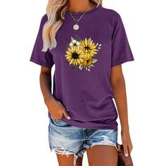 [PREMIUM/EXCELLENT MATERIAL] Anbech sunflower women's T-shirt is crafted from Cotton Blended. It feels as good as looks, stretchable, soft, wrinkle-free, breathable, comfortable, and friendly to your skin. [PRESHRUNK DESIGN]  Through a shrinking process to prevent further shrinking after washing or cleaning. Wash and wear our T-shirts again and again without worry. The lightweight design is preshrunk for a lasting, true fit. [CLASSIC CREW NECK] Flattering fit with just enough space for your neck Graphic Butterfly, Patriotic Tee Shirts, Sunflower Shirt, Women Graphic, Short Sleeve Shirt Women, Girls Summer Outfits, Comfy Tops, T Shirt For Women, Tops Fall