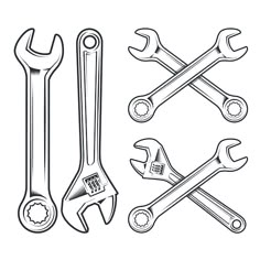 wrench, spanner and screwdriver tools set on white background stock photo