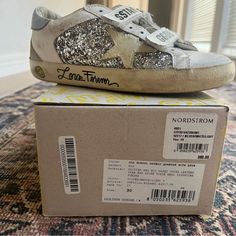 Kids Golden Goose Old School Double Quarter, Glitter Size 30 Color: Silver/White Comes With Box, Dust Bag, Original Paper Worn A Handful Of Times Golden Goose Silver, Goose Shoes, Golden Goose Shoes, Golden Goose, Kid Shoes, Kids Shoes, Old School, Dust Bag, Glitter