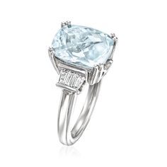 Ross-Simons - 5.50ct Aquamarine Ring, .38ct t. w. Diamonds in 14kt White Gold. Size 7. Dive into the angel-blue hue of this stunning sparkler! Our captivating cocktail ring flaunts a luminous 5.50 carat rectangular cushion-cut aquamarine flanked by .38 ct. t. w. baguette diamonds. Finely crafted in polished 14kt white gold with decorative openwork details gracing the basket setting. 1/2" wide. Diamond and aquamarine ring. Aquamarine birthstones are the perfect gift for March birthdays. Princess Cut Aquamarine Ring, March Birthdays, Aquamarine Cocktail Ring, Aquamarine Birthstone, Angel Blue, Rectangular Cushion, March Birthday, Basket Setting, Baguette Diamonds