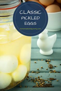 an image of some eggs in a jar with the words classic pickled eggs above it