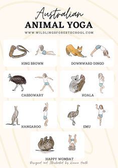 an australian animal yoga poster with the words australia and animals in different positions on it