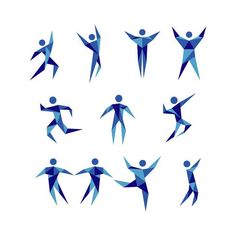 an image of people in different poses on a white background with blue colors and shapes