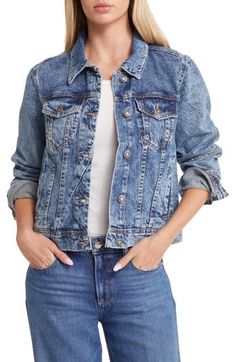 This denim jacket is a layering essential with its worn-in softness and additional seams reinforcing the classic construction. 21" length (size Medium) Front button closure Spread collar Long sleeves with button cuffs Chest button-flap pockets; front welt pockets Button-tab waist Unlined 94% cotton, 6% polyester Machine wash, tumble dry Imported Women's Clothing Autumn Outfits, Indigo Blue, Welt Pockets, Clothing Items, Fall Outfits, Denim Jacket, Layering, Women's Clothing, Free People