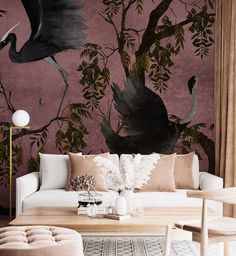 the living room is decorated with pink and black wallpapers, including two birds