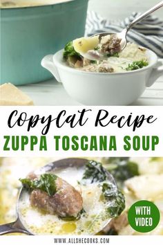 the recipe for zuppa toscana soup is shown in two pictures