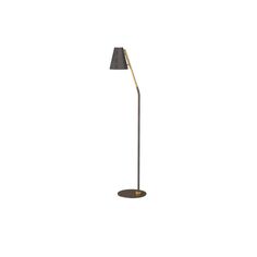 a floor lamp with a black shade on it's head and a gold base