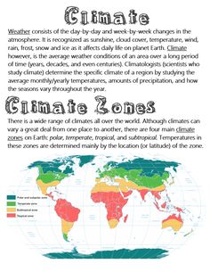 an info sheet with the words climate zones on it and a map of the world