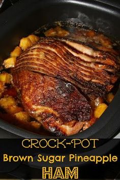 a close up of food in a crock pot with meat and potatoes on the side