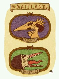 two stickers with an alligator and a man's head