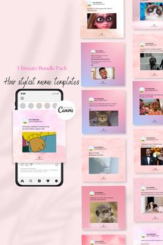 an image of a pink and blue background with many different images on it, including cats