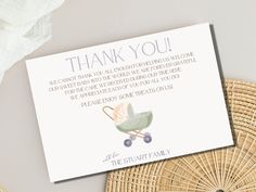 a thank card with an image of a baby carriage on it and the words, thank you