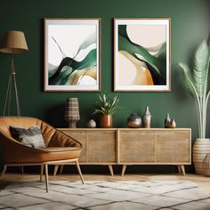 two paintings hang on the wall next to a chair and sideboard in a living room