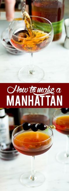 two martinis with the words how to make a manhattan on top and below them