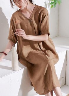 Casual Apricot V Neck lantern Sleeve Summer Linen Sundress Half Sleeve - SooLinen Linen Sundress, Summer Linen, Comfortable Room, Lantern Sleeve, Cup Size, Lantern Sleeves, Half Sleeve, Half Sleeves, Apricot