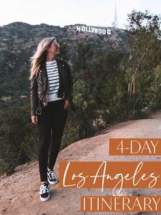 a woman standing on top of a dirt road with the words 4 - day los angeles it