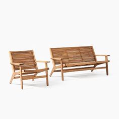 two wooden chairs sitting next to each other on a white surface with no one in it