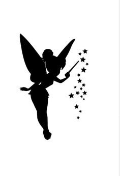 a black and white silhouette of a fairy with stars on her back, flying through the air