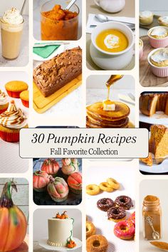 Collage of 30 plus pumpkin recipes Simple Soups, Iced Pumpkin Spice Latte, Everything Pumpkin, Creamy Soups, Warm Desserts, Pumpkin Chocolate Chip Bread, Pumpkin Chocolate Chip Muffins, Pumpkin Soup Recipe, Pumpkin Cake Recipes