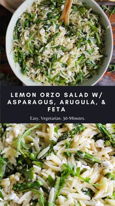 lemon orzo salad with asparagus, arugula and parmesan cheese