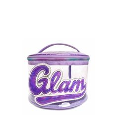 Front view of clear round purple glam bag with retro-inspired 'Glam' patch Get Glam, Glam Bag, Train Case, Beauty Basics, Cosmetic Case, Ladies Boutique, Retro Inspired, Travel Bags, Jam