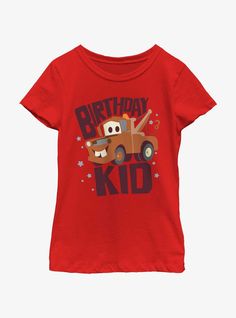 100% CottonWash cold; dry lowImportedListed in youth sizes Disney Short Sleeve Top For Birthday, Disney Crew Neck Top For Birthday, Red Character Print Top For Birthday, Cars Mater, Mater Cars, Location Icon, Exclusive Cars, Disney Pixar Cars, Pixar Cars