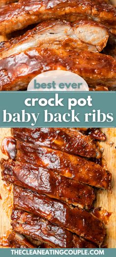 the best ever crock pot baby back ribs on a cutting board with text overlay