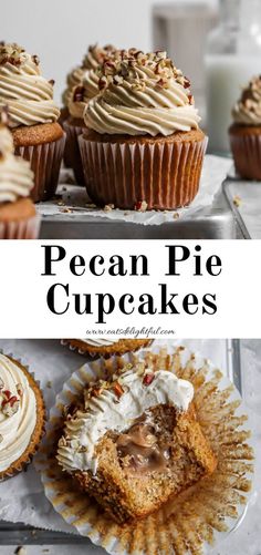 cupcakes with cream frosting and pecan pie toppings are on display