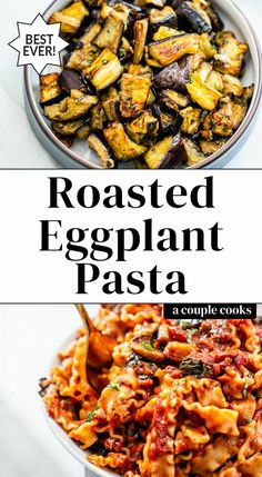 roasted eggplant pasta in a white bowl with text overlay that reads roasted eggplant pasta